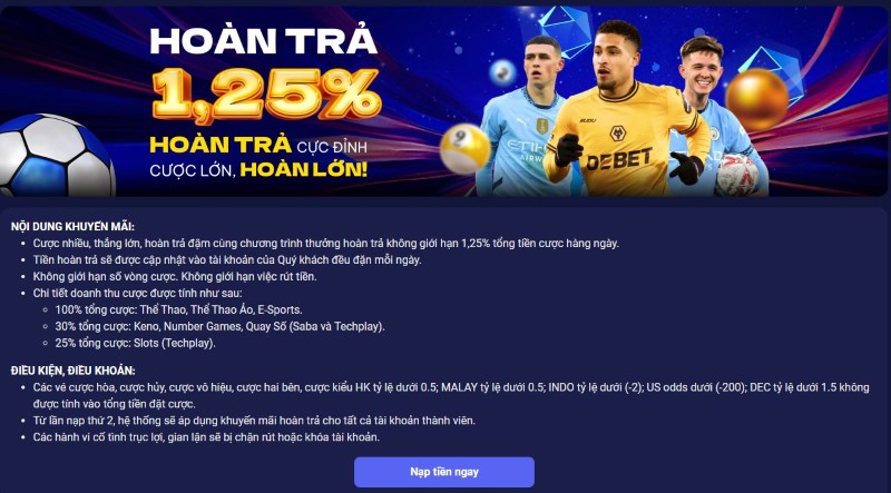 Chi tiết thể lệ khuyến mãi Hoàn trả 1.25% tại Tin88