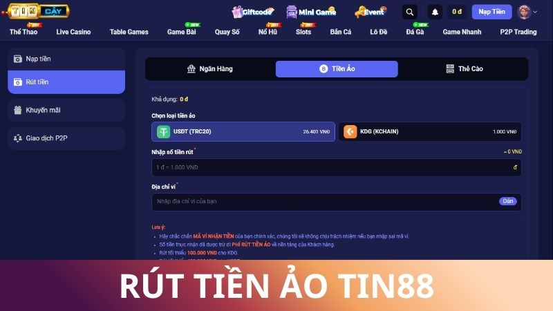 Dùng ví tiền ảo để giao dịch rút tiền Tin88