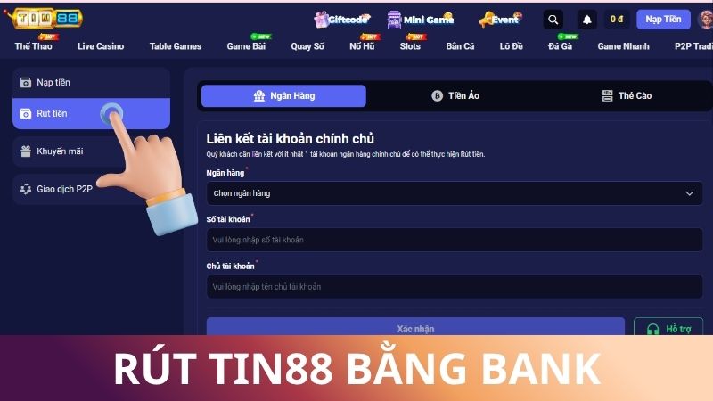 Rút tiền Tin88 bằng tài khoản banking