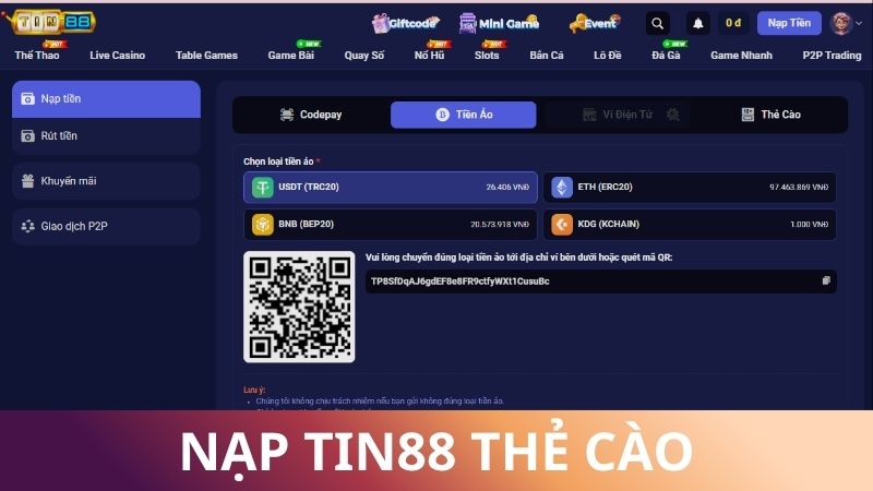 Thẻ cào điện thoại - Nạp tiền Tin88 đơn giản